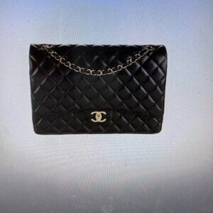 CHANEL BLACK MAXI DOUBLE FLAP LAMBSKIN HANDBAG